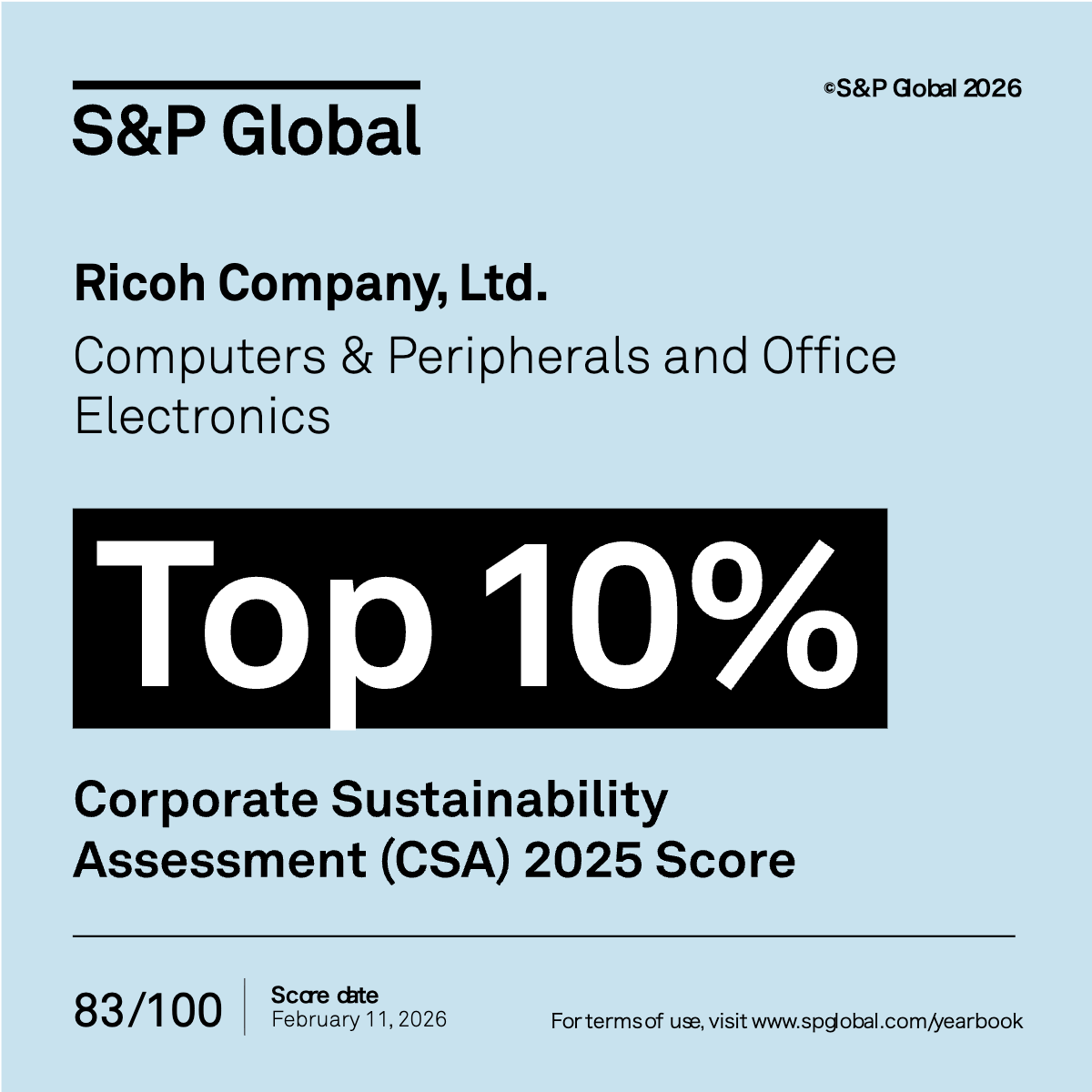Image showcasing Ricoh’s top‑10% ranking in the S&P Global Corporate Sustainability Assessment 2025.