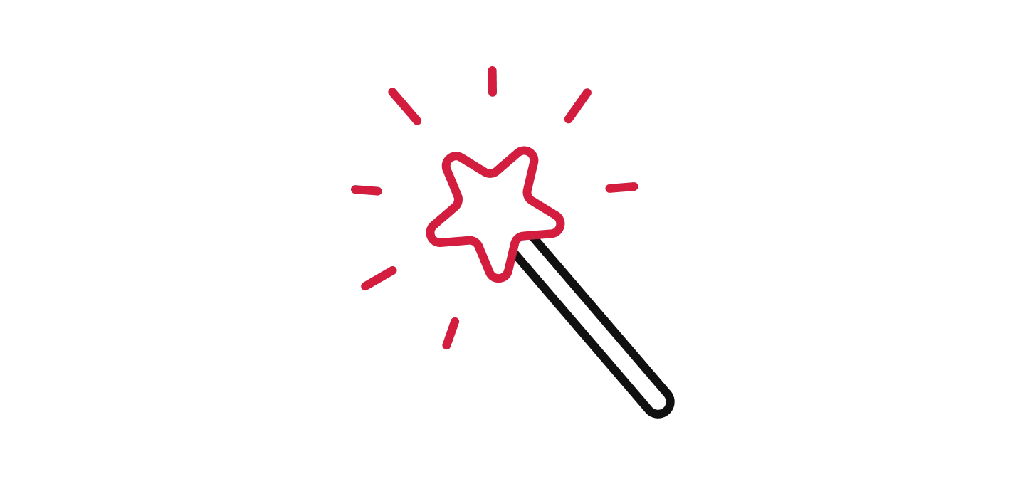 Icon representing ease of use or a magical transformation: a sparkling black and red magic wand.