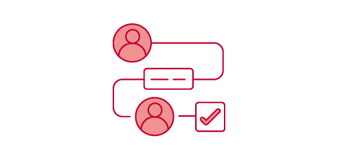 Two stick figure icons connected by lines, with a rectangle in between and a checkmark in a square next to the second stick figure.  The image suggests a process or workflow.